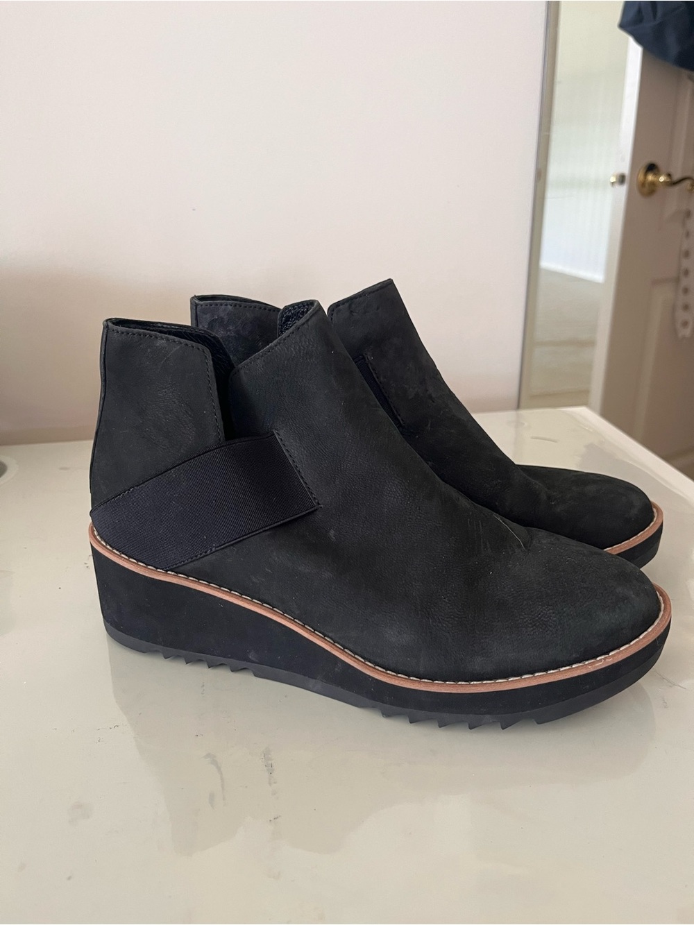 Eileen Fisher Black Wedge Ankle Booties with Elastic Side Panel